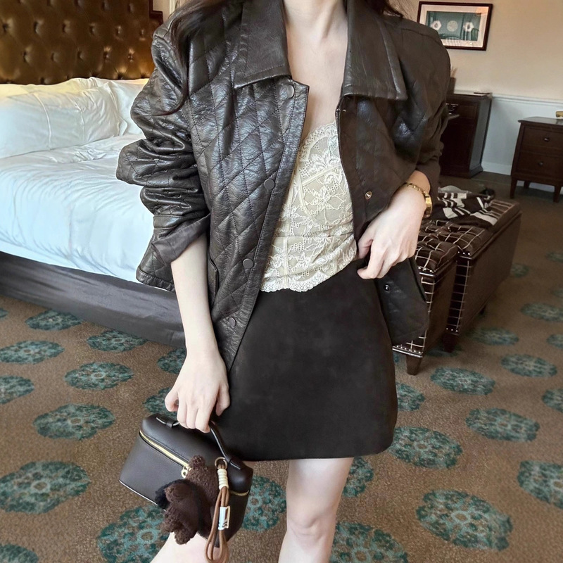 2026 Autumn New Brown Leather Jacket Women's Shirt High-End Versatile Slimming Top Lace Camisole Skirt