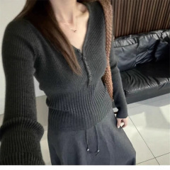 法式V领长袖针织打底衫女秋设计感收腰显瘦毛衣洋气内搭短款上衣