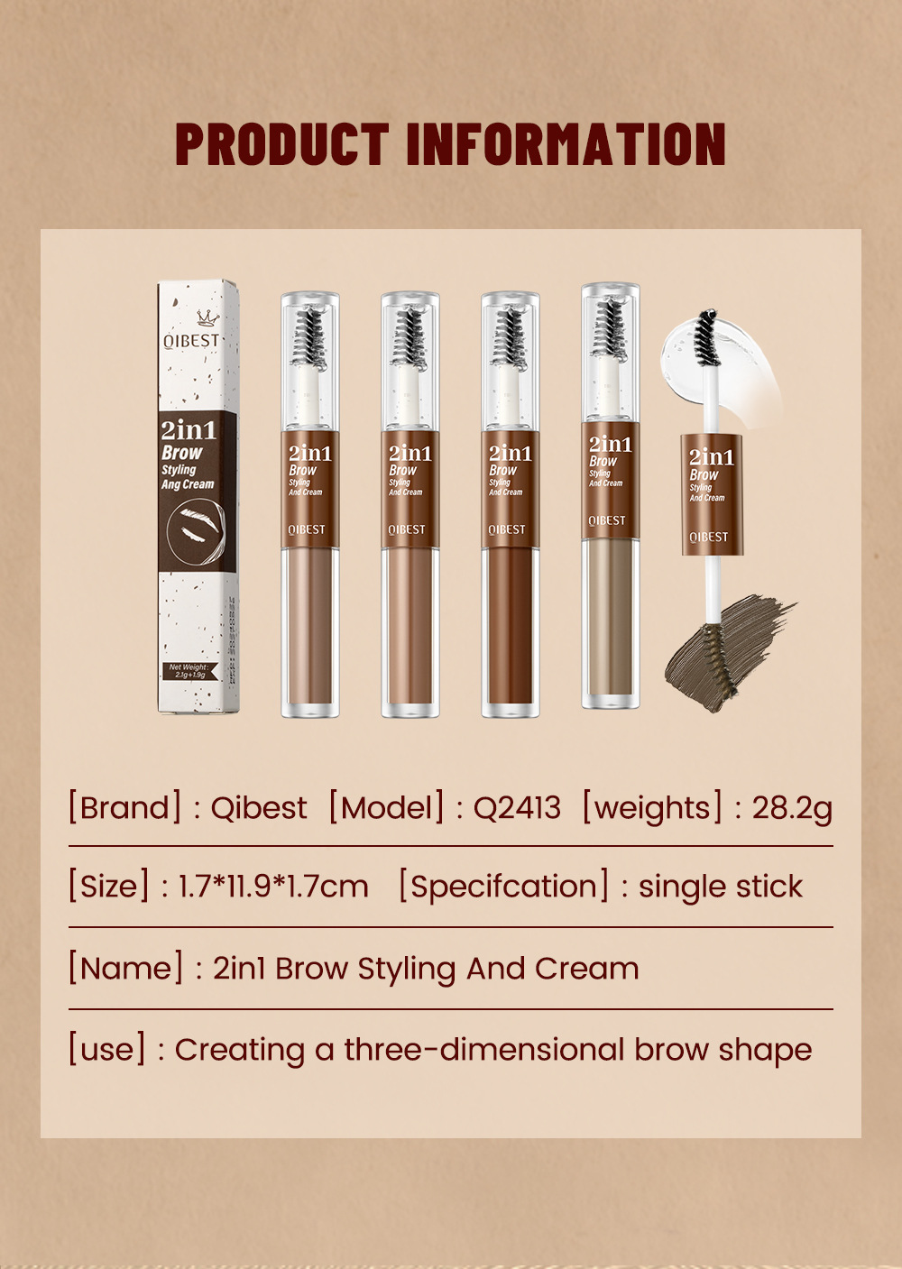 QIBEST Cross-border Double-Head Eyebrow Dye is a long-lasting, waterproof, sweat-proof, non-smudging, natural three-dimensional liquid eyebrow styling liquid undefined