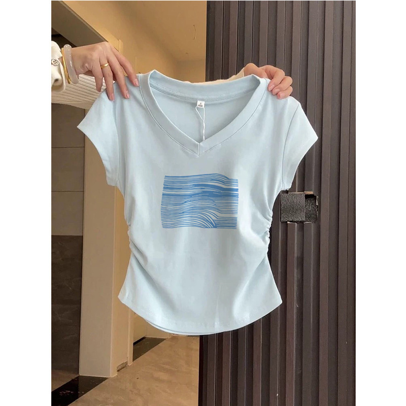 Waist-Cinching, Straight-Shoulder, V-Neck Lace Short-Sleeve T-Shirt for Women, Stylish Design, 2026 Summer New Slim-Fit Light Blue Top