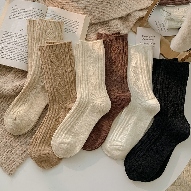 Wool Socks for Women, Autumn and Winter Thickened Warm Mid-Calf Socks, Japanese-Style Milk Coffee Color Long Socks Paired with Fuzzy Slippers, Trendy