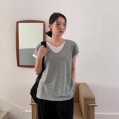 6UP春夏韓系假兩件U領T恤棉短袖廣州13行新款百搭極簡上衣女91123