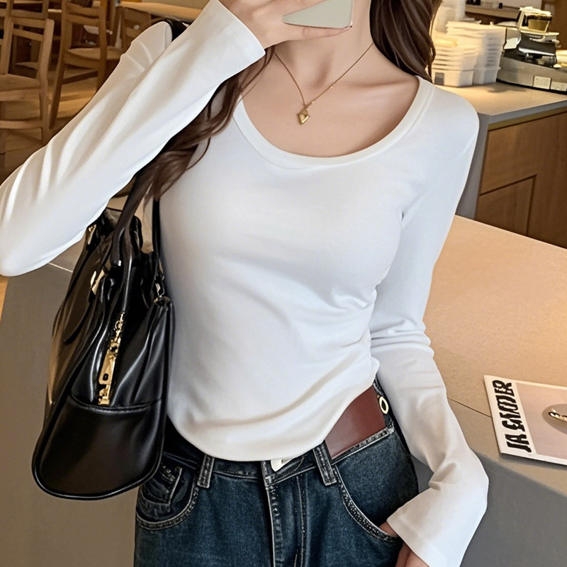 Chica caliente cuello redondo de doble cara camiseta de terciopelo caliente camiseta de base para mujeres 2024 nuevo invierno corto arco debajo de la ropa