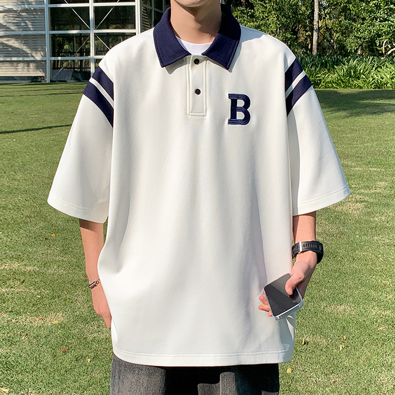 Men's Polo Shirt, Short-sleeved, Summer, Japanese Heavy-duty T-shirt, College Style, Youth, Color-blocking,_voghion.com