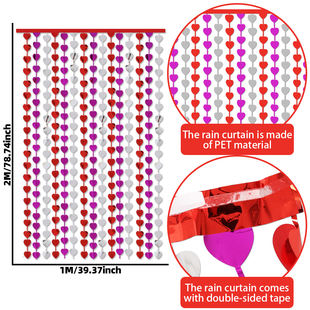 Nuevo brillante amor cortina de seda de lluvia Día de San Valentín diseño de la atmósfera de la boda cortina de fondo rojo plata corazón de aluminio cortina de puerta