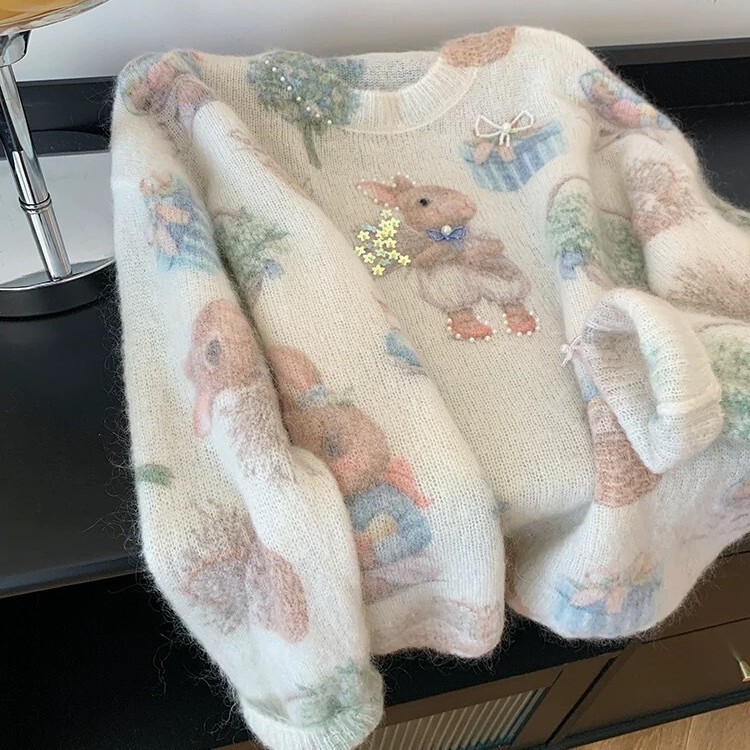 Heavy Beaded Star Bow Mohair Sweater, Lazy Style Loose Bunny Knit Top for Women