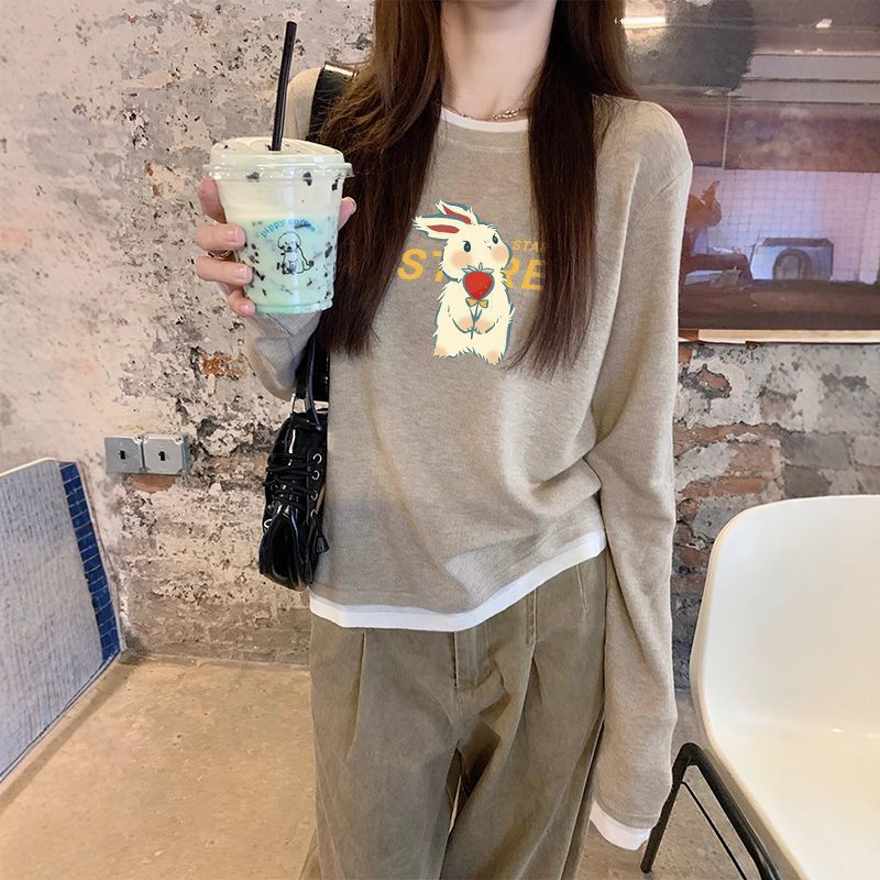 假两件长袖t恤打底衫女春秋2025叠穿撞色宽松设计感撞色纯棉上衣|undefined