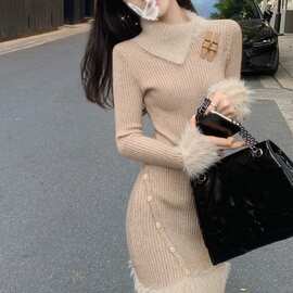 针织连衣裙打底秋冬女新款感小个子小香风气质包臀毛衣裙