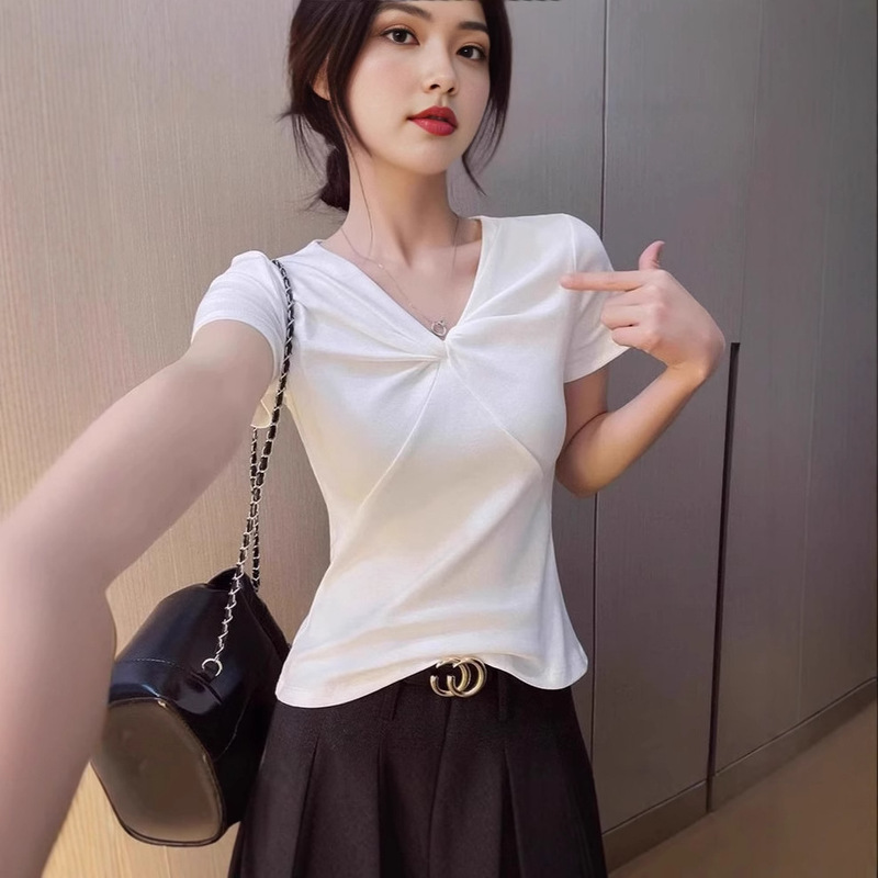 卸売ハイエンドシャツレディースVネック半袖Tシャツ夏純粋な欲望ツイストデザイン右肩スリムフィットトップ|undefined