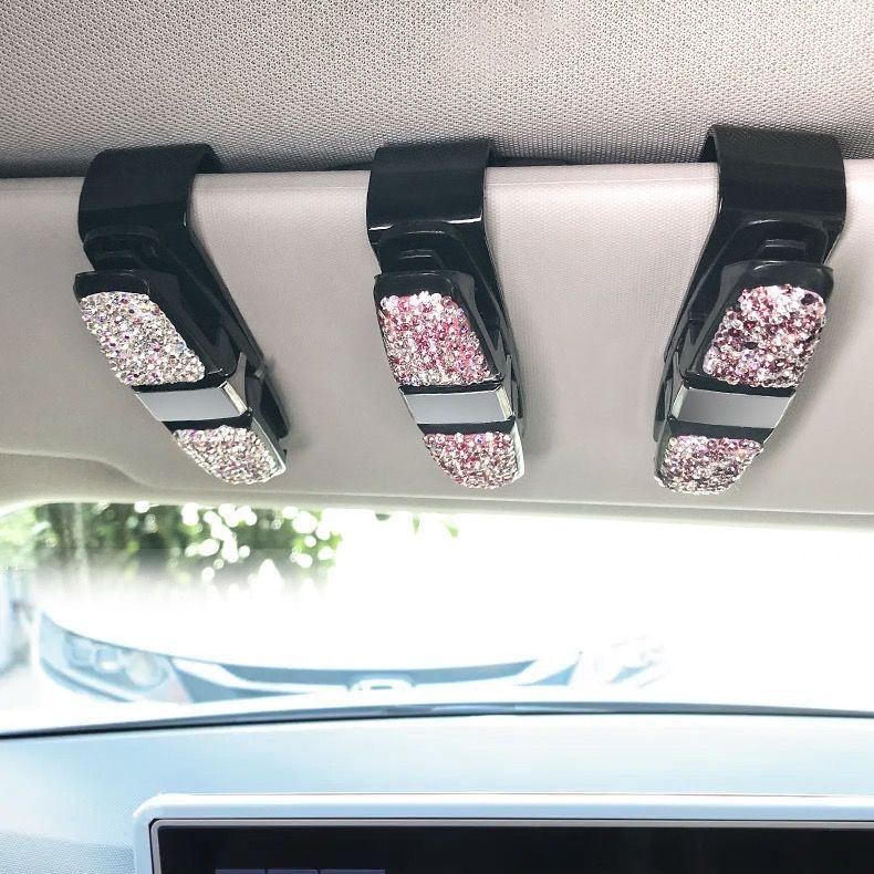 Car Glasses Clip Multifunctional Car Sunglasses Holder Car Eye Box Cute Diamond-encrusted Women's Car Sun Visor Clip