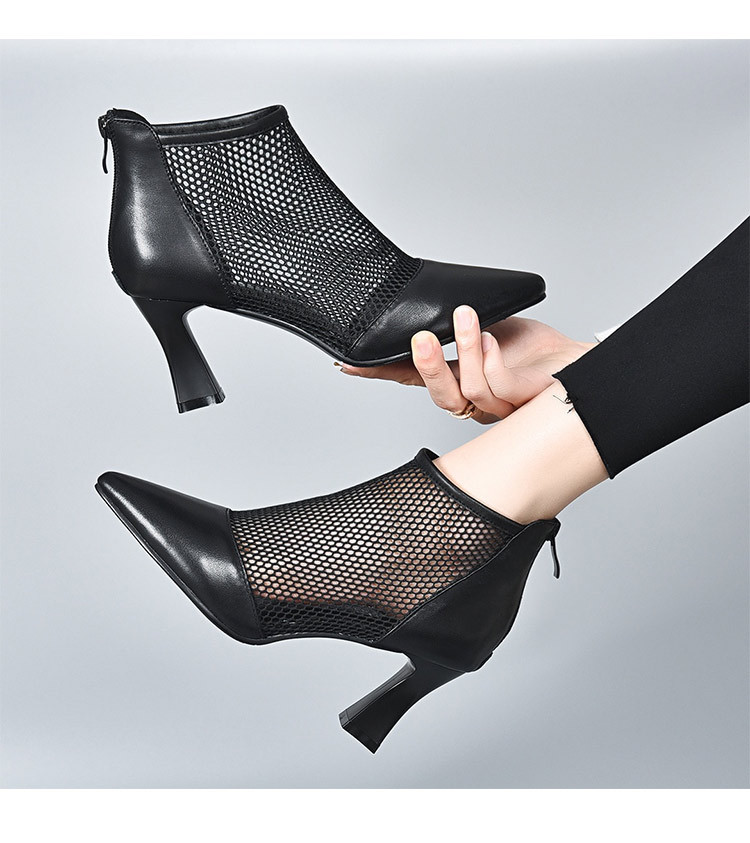Sandal lưới khoét lỗ mũi nhọn cao gót 6,5 cm — Da cừu mờ + sợi lưới 6,5 cm Gót chi tiết 5