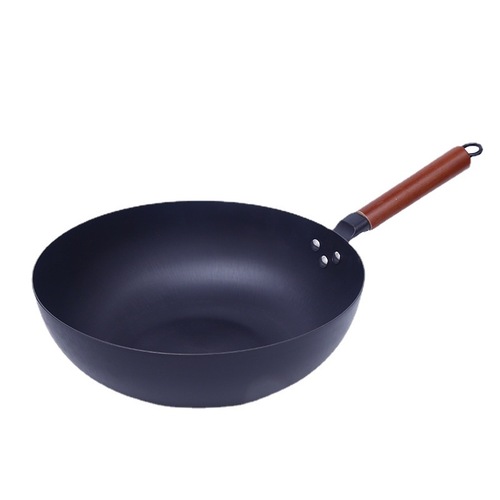 Old-fashioned wooden-handled iron wok for home multi-purpose non-coated frying pan, thick round bottom no-smoke iron wok, factory wholesale