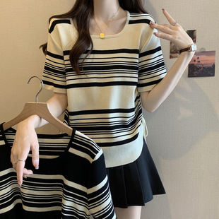 2025 New Summer Style Square Neck Striped Drawstring Versatile Knitwear Women's Large Size Loose Slimming Ice Silk Top