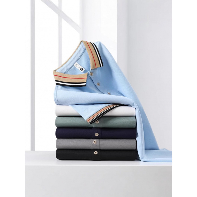 Lanxess Cotton Stretch Pique Burberry Lapel Summer New Men's Printed Logo Short-Sleeved Polo Shirt