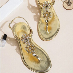 Cross-Border Popular 2025 Summer Rhinestone Sandals Roman Style Flat Thong Shoes Breathable Non-Slip Internet Celebrity Beach Slippers