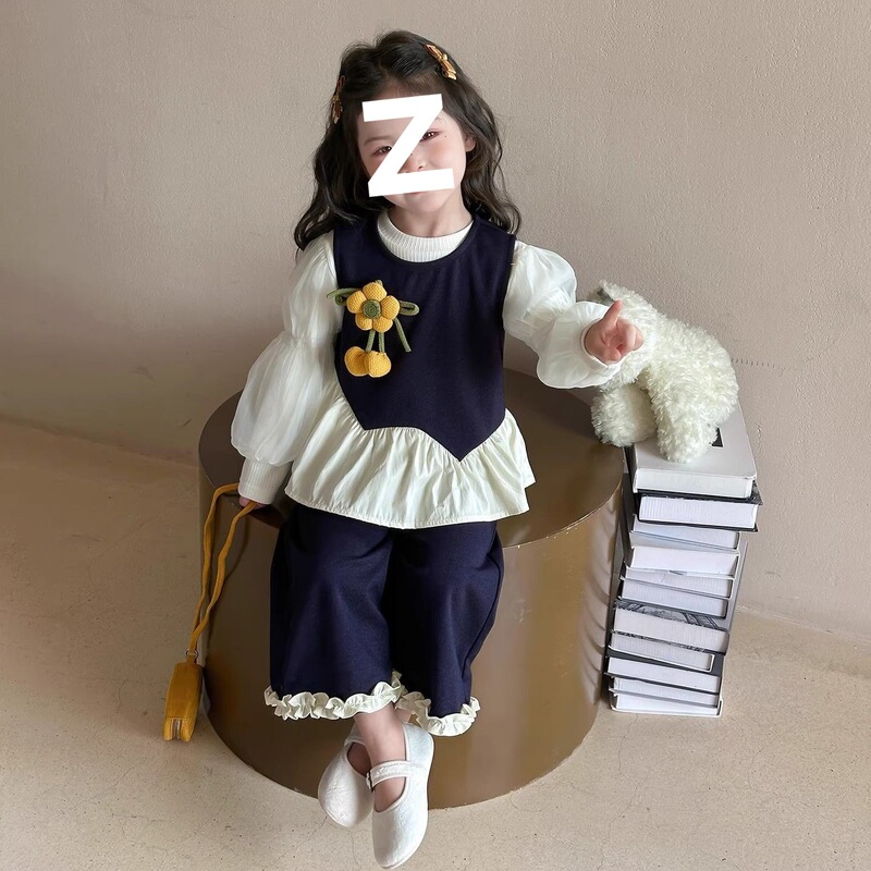 女童秋装三件套装2025时尚森系新款小女孩甜美灯笼袖休闲套装|undefined