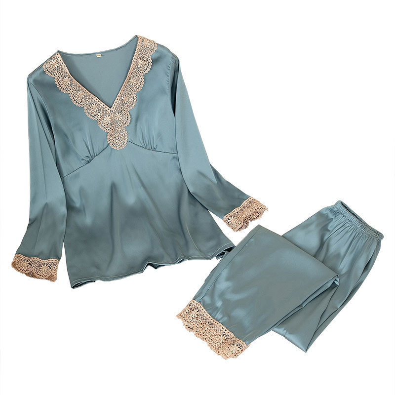 Pajamas Women's Spring and Summer Long-sleeved Trousers Two-piece Ice Silk Sexy Casual Pullover Outfit Home Clothes Suit