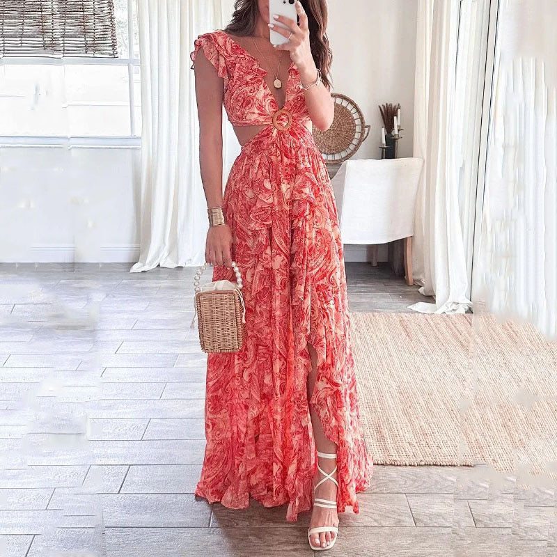 Women's Regular Dress Vacation V Neck Printing Pleated Sleeveless Printing Maxi Long Dress Holiday Beach display picture 2