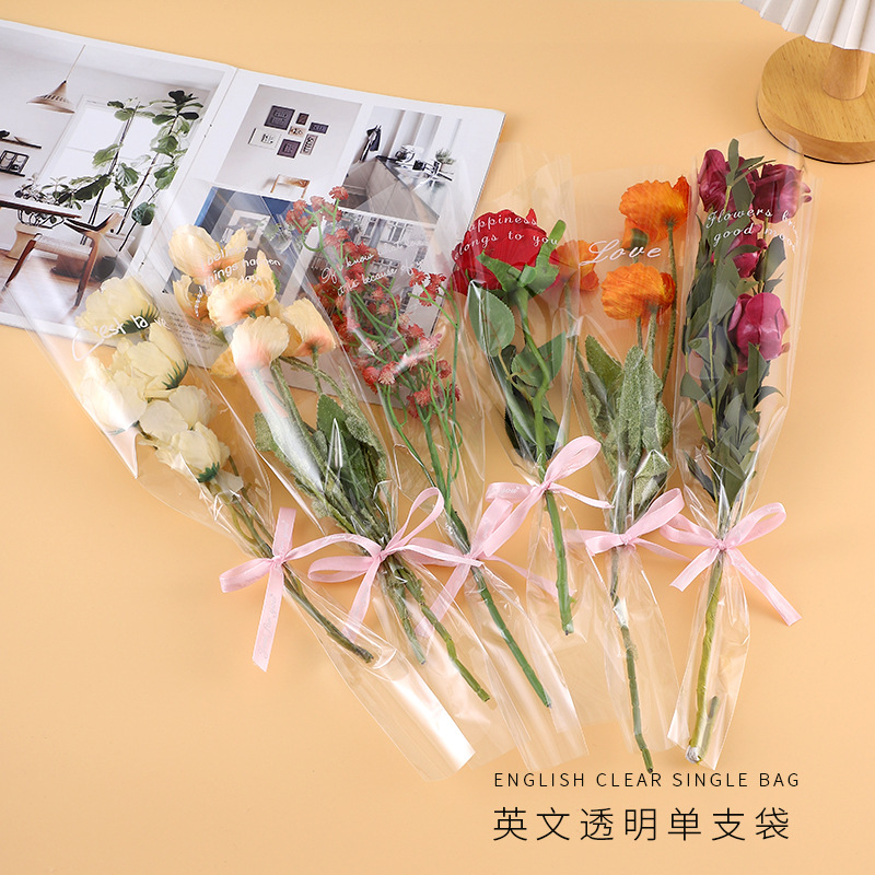 Bolsa transparente individual para ramo de San Valentín, varios bolsos, materiales para floristería al por mayor, bolsa de embalaje para flores de color sólido