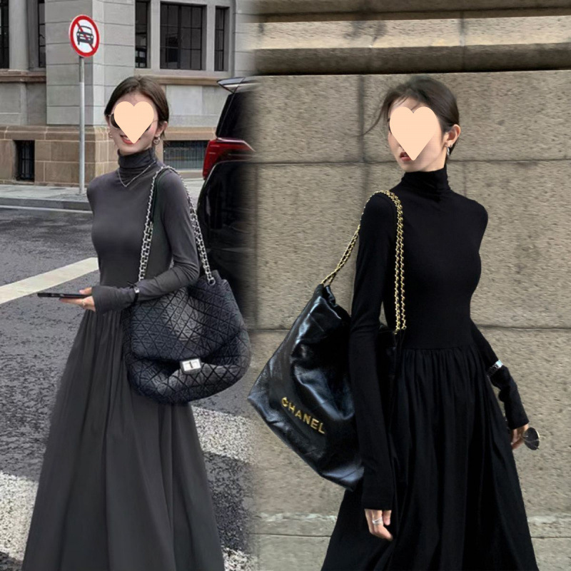 高级感赫本洋气连衣裙女2025春装新款韩版显瘦过膝打底内搭长裙子|undefined