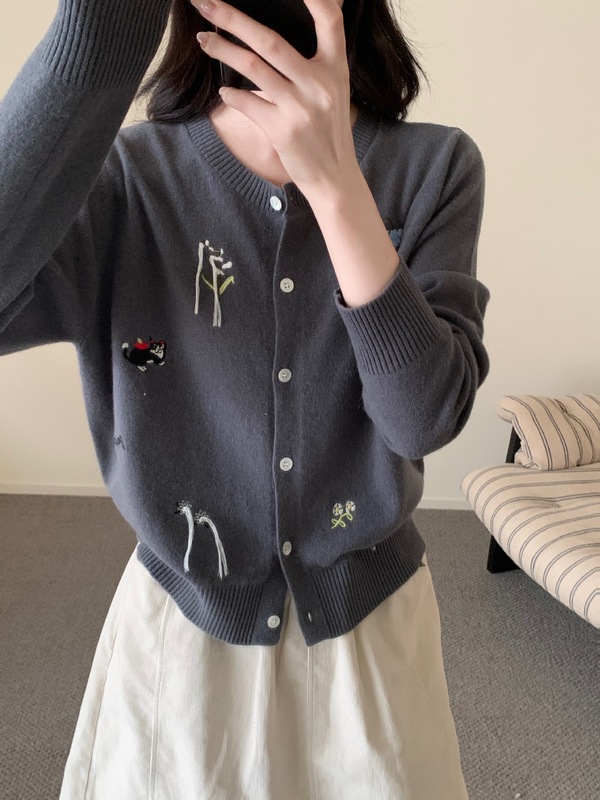 之言25秋冬季女款羊毛衫韩系高级感手工刺绣100羊毛针织开衫毛衣|undefined