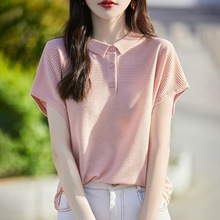 25年新款夏季羊毛桑蚕丝混纺针织衫女短袖薄款POLO领宽松纯色上衣