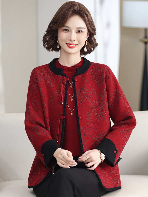 2025新款国风开衫毛衣外套妈妈秋装洋气中老年女秋冬针织两件套装|undefined
