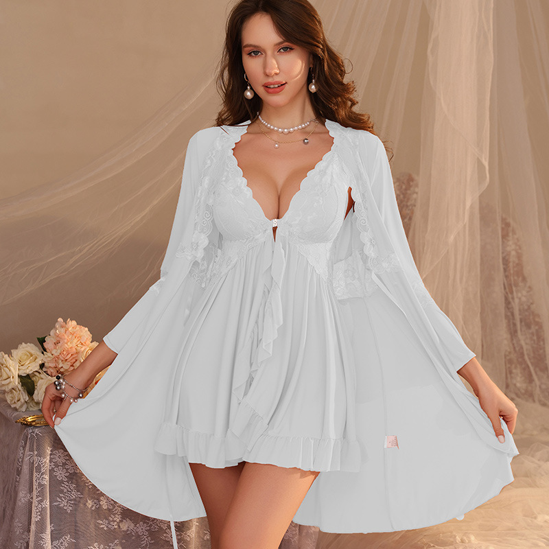 Sexy Pajamas for Women, Ice Silk Small Chest Strap, Breast Pad, Lace Splicing Suspender Nightgown, Pure Lust Style Home Wear Three-Piece Set
