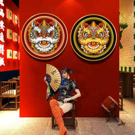 创意港式餐厅醒狮挂画国潮中国风烧烤火锅店发光灯画棋牌室装饰画