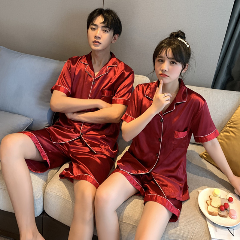 Fábrica directa pareja pijamas de las mujeres de manga corta de color sólido simple cardigan de seda artificial traje fino desgaste del hogar de los hombres de seda de hielo