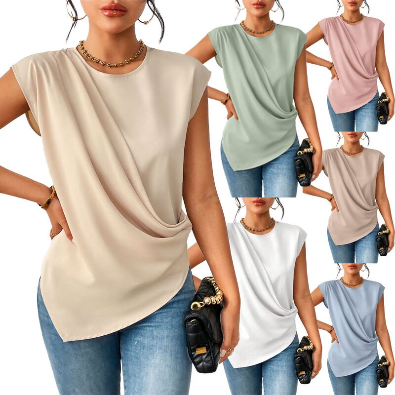 Cross-Border European and American Style Solid Color Round Neck Sleeveless Shirt for Women, Loose Fit, Slimming, Versatile Top, European and American Style Outfit