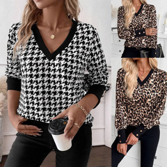 European and American Cross-border Amazon Spring 2025 Elegant Women's Printed Sweatshirt V-neck Long Sleeve T-shirt Top for Women