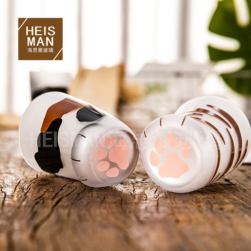 Taza de pie de gato de estilo japonés de vidrio animal creativo taza esmerilada lindo gato y perro de impresión de pie Desayuno Taza de Leche en stock