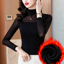 2025秋冬加绒加厚修身显瘦高领时尚百搭网纱拼接洋气长袖打底衫女