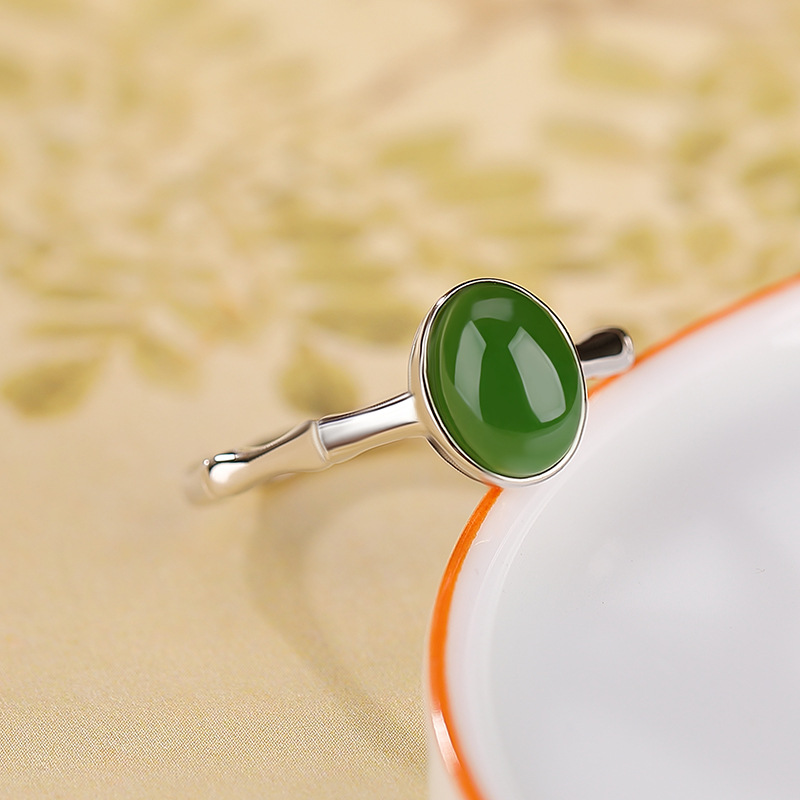 Nhẫn bạc S925 mạ vàng phong cách cổ điển hình trứng khắc họa tiết tre — Kiểu mạ bạch kim