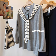 二本线特大码240斤 轻松感的 ~绣花条纹披肩宽松T恤女长袖上衣秋