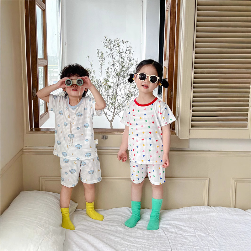 Children's Pajamas Summer Thin Type a Boys and Girls Bamboo Fiber Cool Home Clothes Set Short-Sleeved Baby Antibacterial