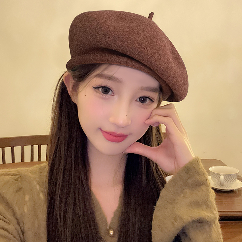新款立体卷边贝雷帽子女款百搭秋冬潮流羊毛帽保暖毛绒画家帽批发|undefined