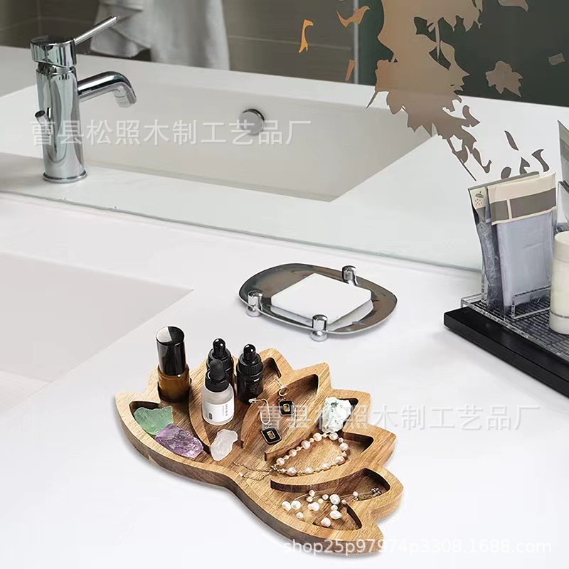 (2개) 나무 트레이 나무 크리스탈 돌 연꽃 모양 트레이 디스플레이 저장 상자 나무 보석 저장 트레이