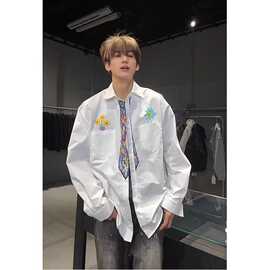 美式复古手绘涂鸦印花衬衫男款春季设计感小众上衣学院风长袖衬衣