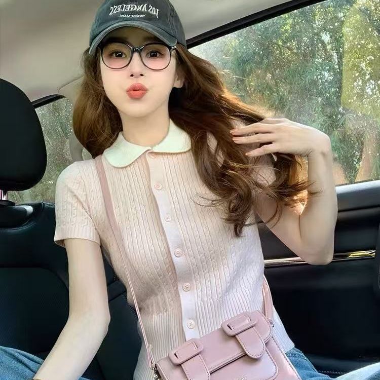 2026 Spring/Summer New Sweet Doll Style Gentle Knitted Pink Short Sleeve Slim Fit Elegant Petite Top