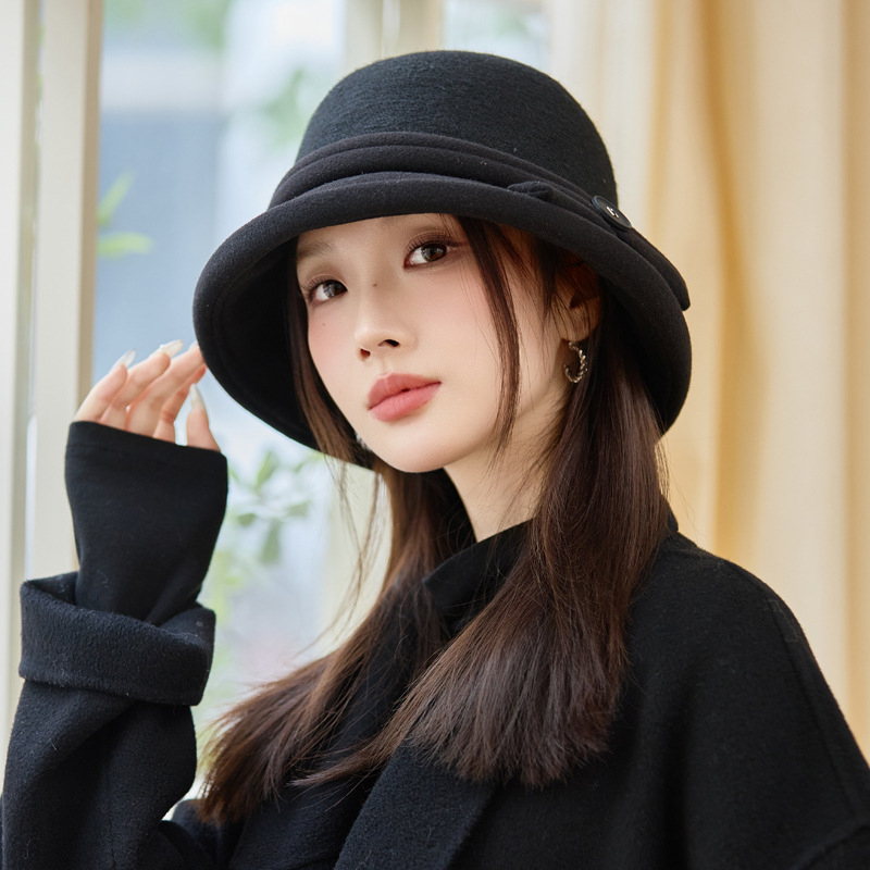 2025秋冬新款毛呢帽子女时尚保暖小礼帽拼色跨境小众渔夫盆帽批发|undefined