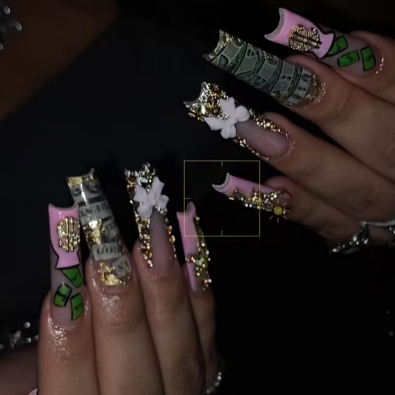 European and American Cross-border Dollar Sticker Diamond Wear Armor Creative Personality Handmade Nail Art Patch ins Pink Flash Fake Nails