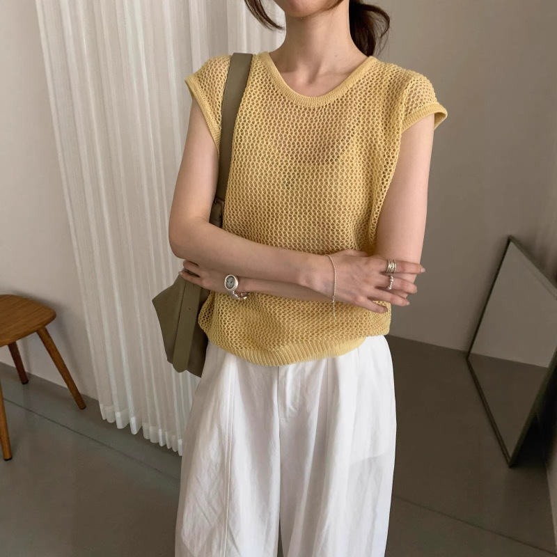 Kittin Korean Style Cut-Out Short-Sleeved Knitwear + Camisole Top Two-Piece Set for Women, Summer Elegant and Versatile Set