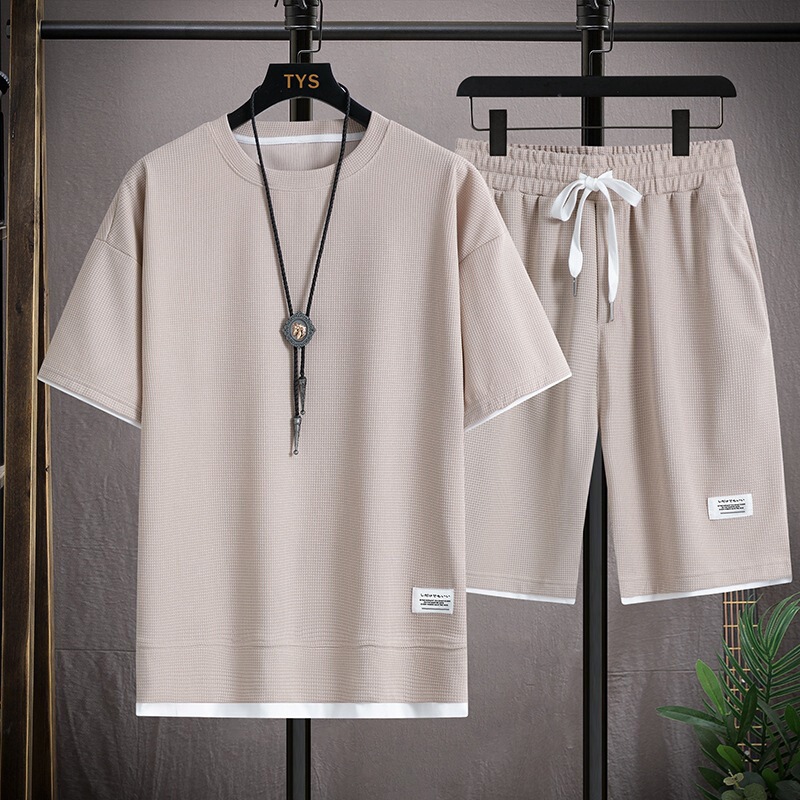 新款华夫格夏季休闲运动服宽松套装男士夏装潮流短袖T恤两件套|undefined
