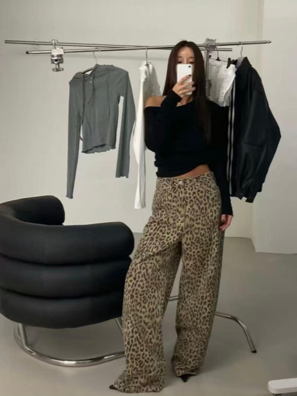 jennie金智妮同款美式复古豹纹阔腿牛仔裤女直筒显瘦宽松休闲裤子|undefined