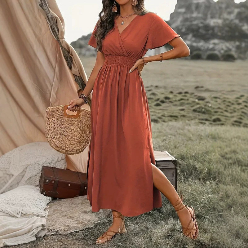 Amazon Cross-Border European and American Foreign Trade 2026 Summer New Women's V-Neck Long Dress Casual Vacation Short-Sleeved Dress Amazon Cross-Border European and American Foreign Trade 2026 Summer New Women's V-Neck Long Dress Casual Vacation Short-Sleeved Dress