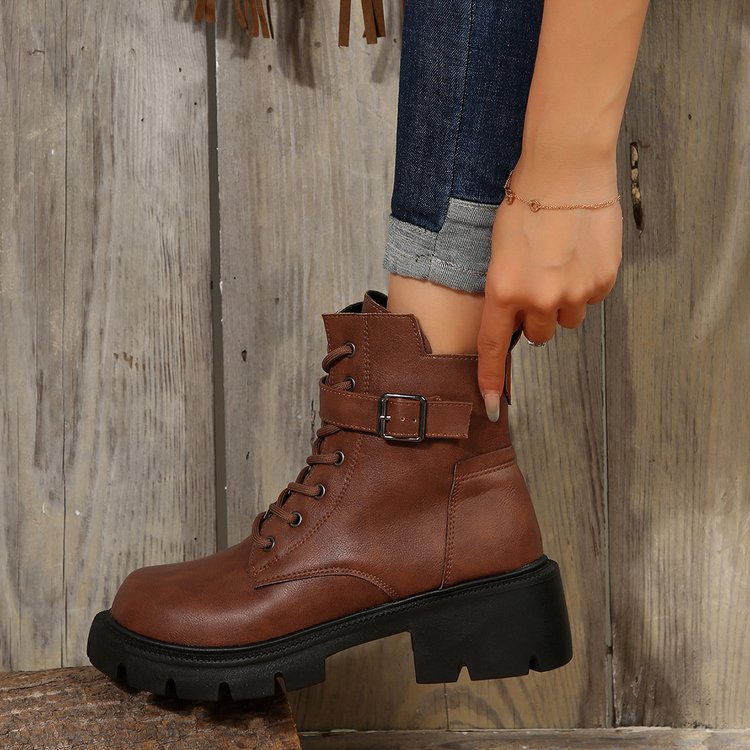 New autumn winter British style motorcycle boots thick soled belt buckle vintage ankle boots plus size_voghion.com