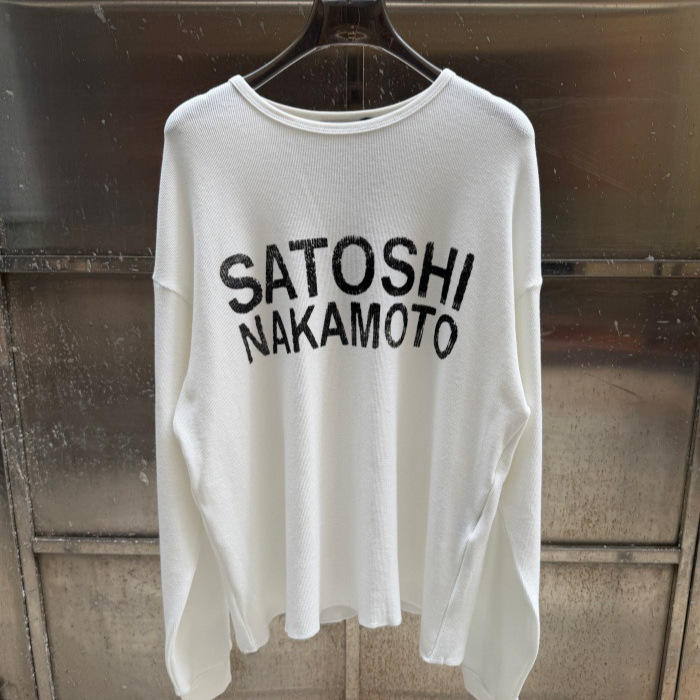 Satoshi Nakamoto American Casual Style Distressed Font Print Waffle Long-Sleeve Pure Cotton Base T-Shirt for Men Satoshi Nakamoto American Casual Style Distressed Font Print Waffle Long-Sleeve Pure Cotton Base T-Shirt for Men