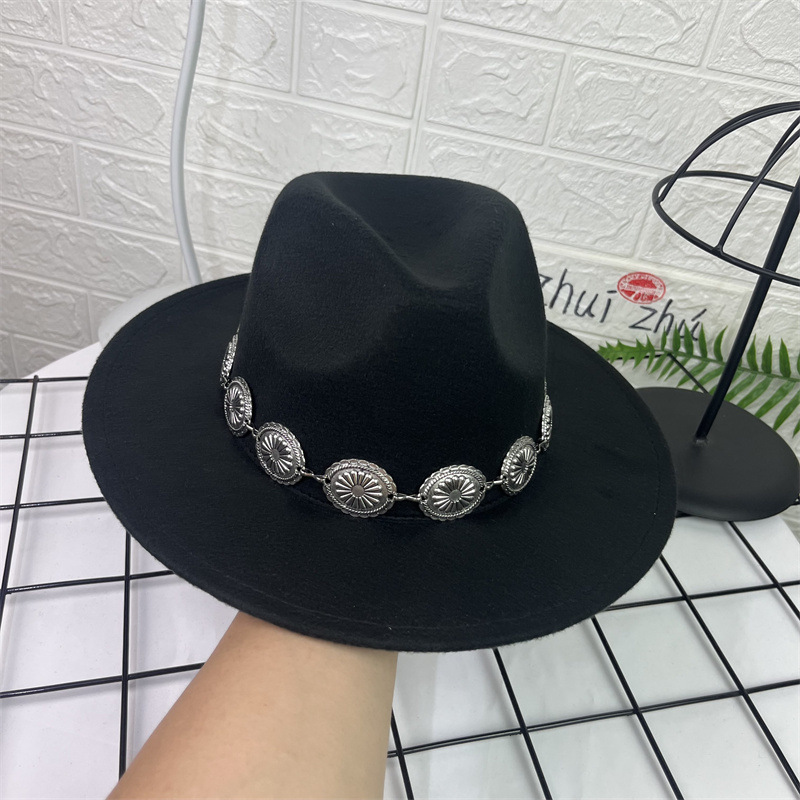 Sombrero de lana europeo y americano sombrero de fieltro de estilo británico decoración de cadena ovalada AliExpress sombrero de jazz borde plano sombrero superior para hombres